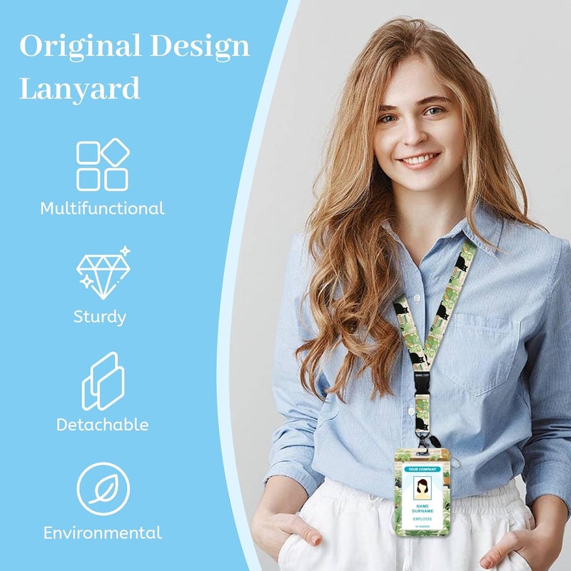 Hancynir Lanyards for Id Badges, Black Cat Leaves Badge Holder with Retractable Reel Clip, Cute Work Name Tags Keychain Lanyard ID Card Protector Cover Case for Women Teacher Nurse Doctor Office - Image 2